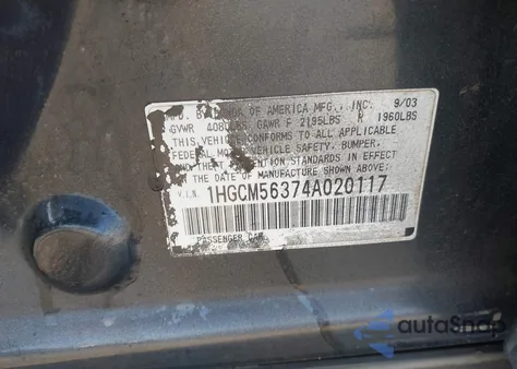 2004 Honda Accord 2.4 Lx from USA, damaged, VIN 1HGCM56374A020117